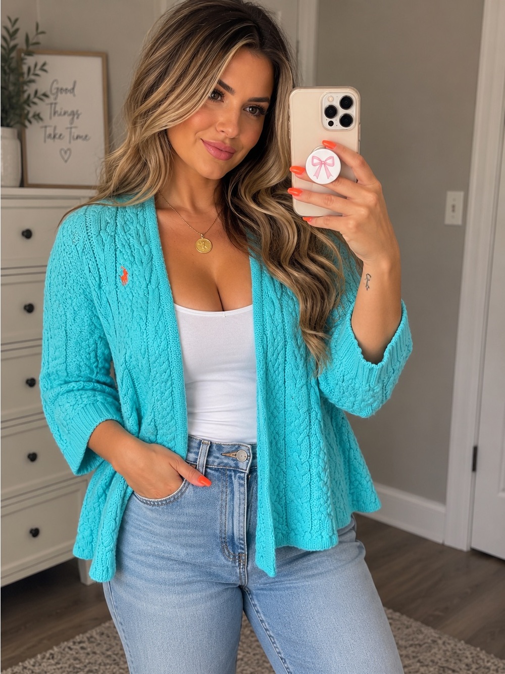 Ralph Lauren Turquoise Cable Knit Open Front Cardigan Size 6